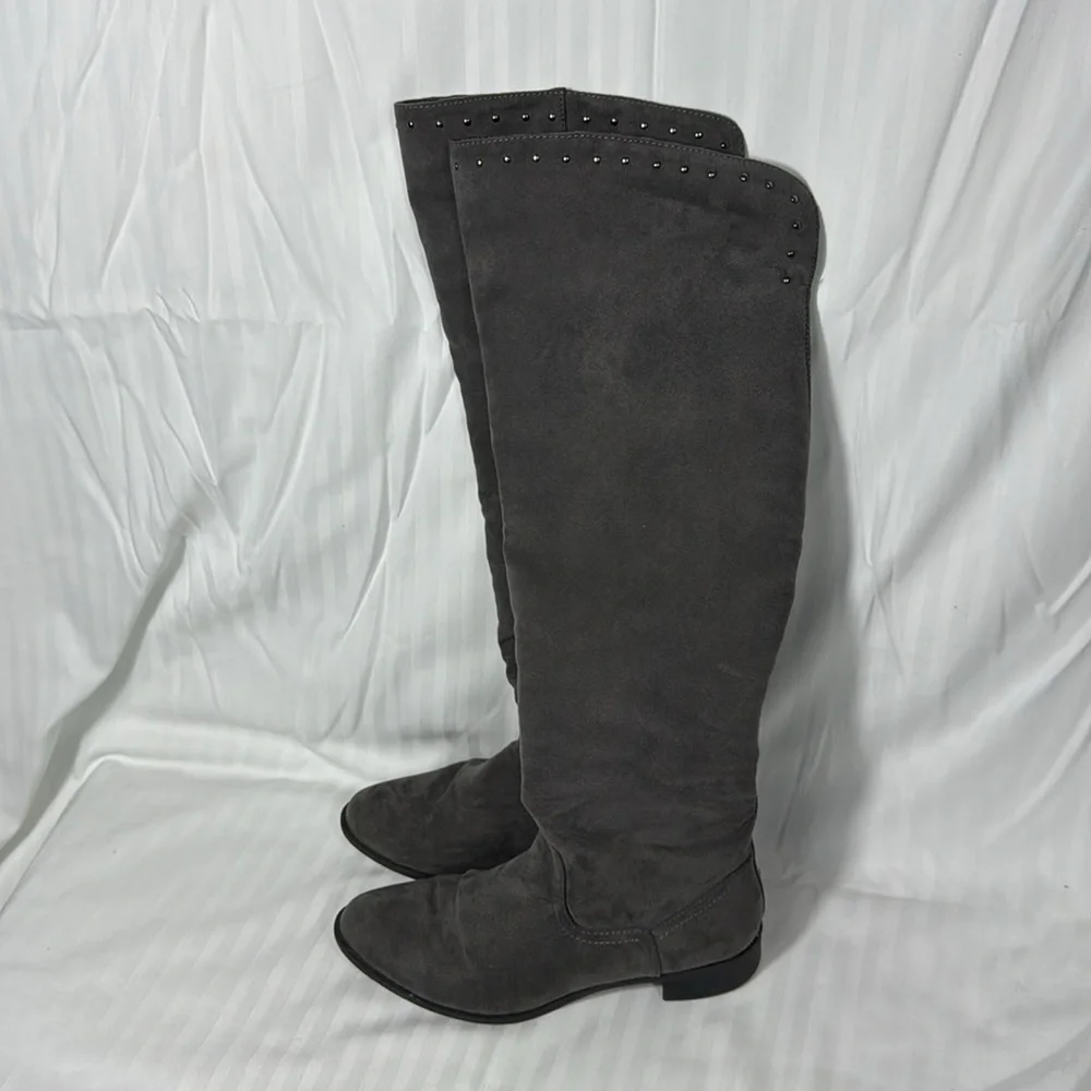 Lime Light Joaquin Faux Suede Studded Knee High Tall Gray Riding Boots Size 8